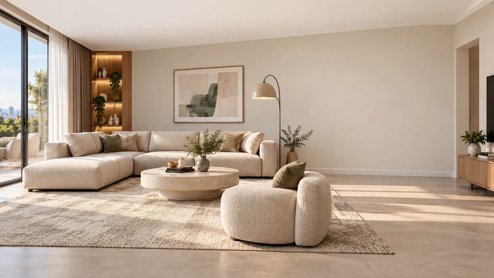 Aydınlık ve modern, açık renk duvarlı oturma odası